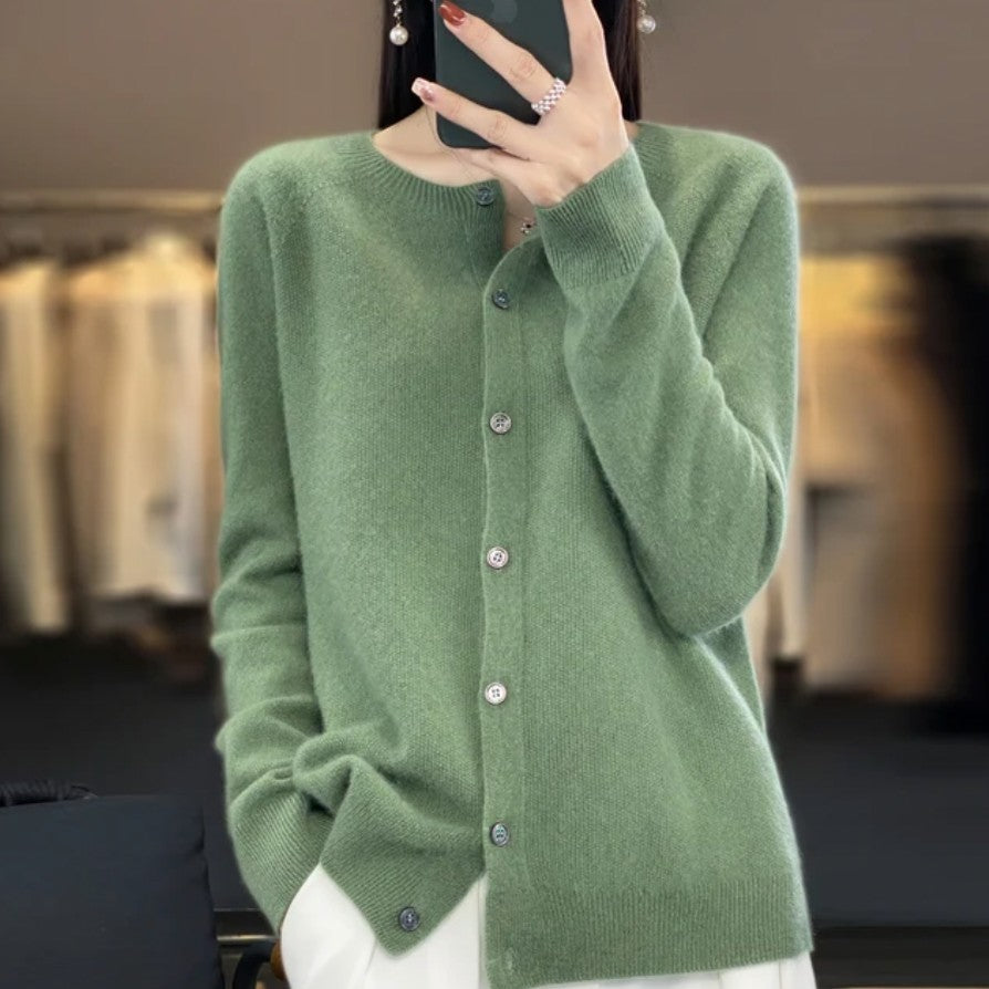 Merino Wool Knit Cardigan in Green | Valenira
