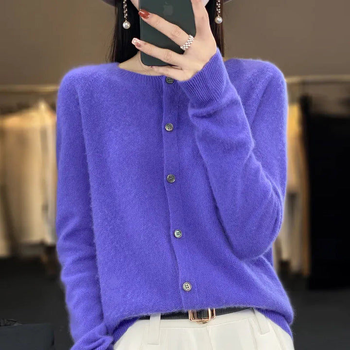 Merino Wool Knit Cardigan in Purple | Valenira