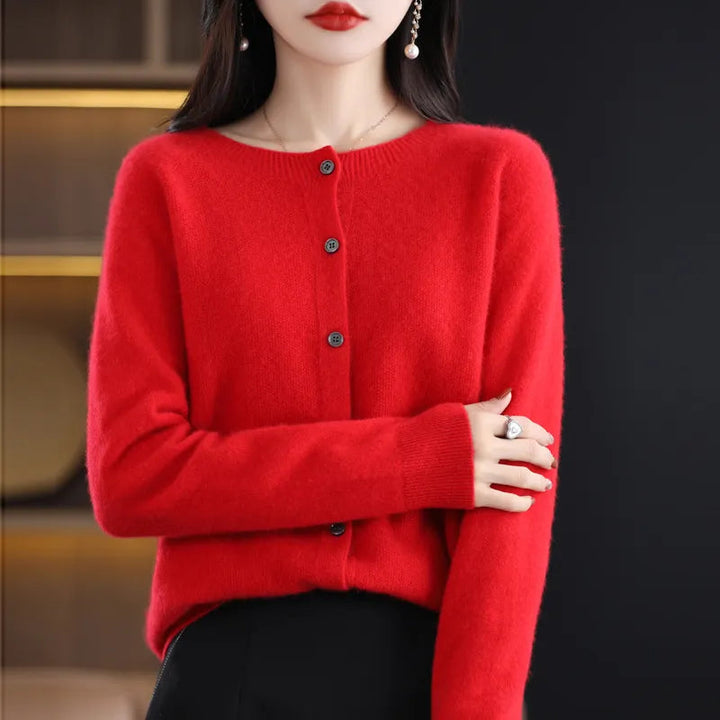 Merino Wool Knit Cardigan in Red | Valenira