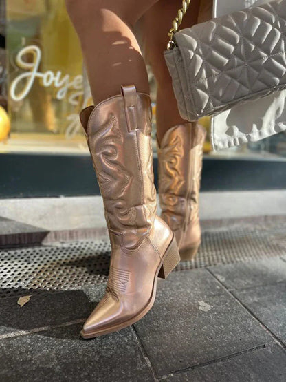 Metallic Western Knee Boots in Gold | Valenira