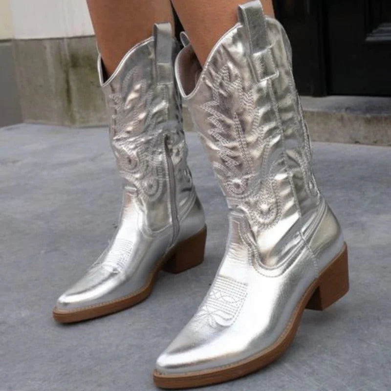 Metallic Western Knee Boots in Silver | Valenira