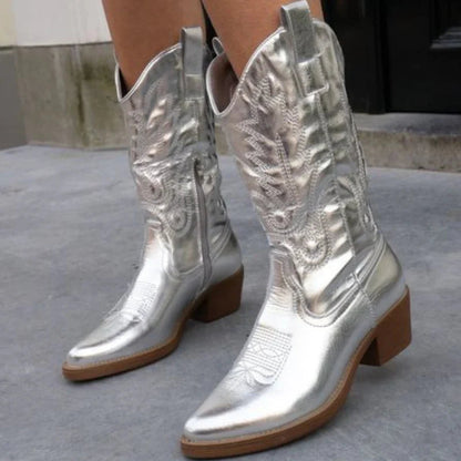Metallic Western Knee Boots in Silver | Valenira