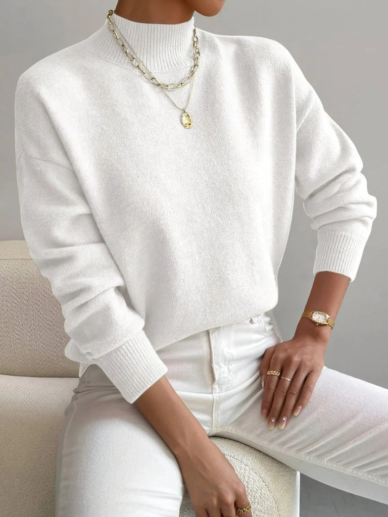 Mock Neck Knit Sweater in White | Valenira