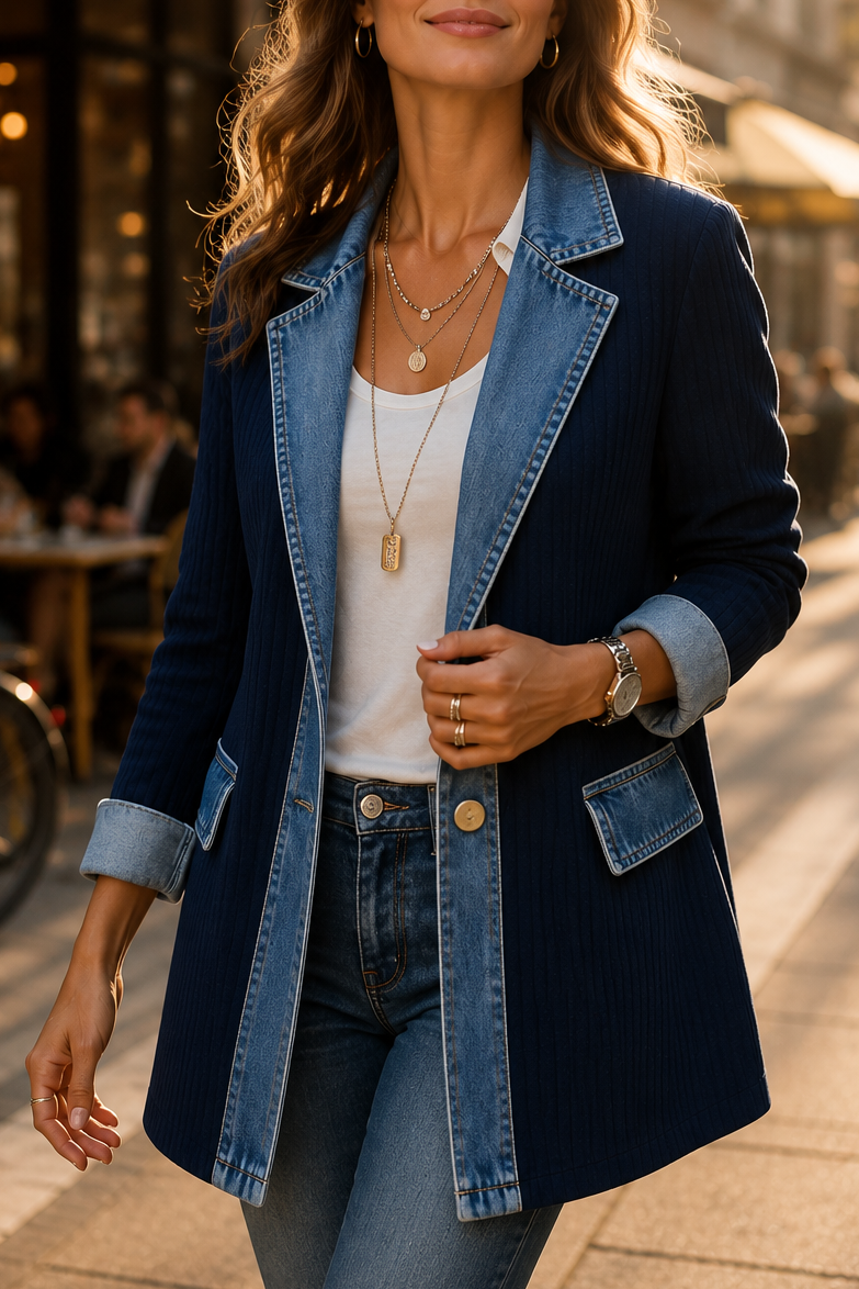 Navy ribbed knit coat with denim lapels and flap pockets