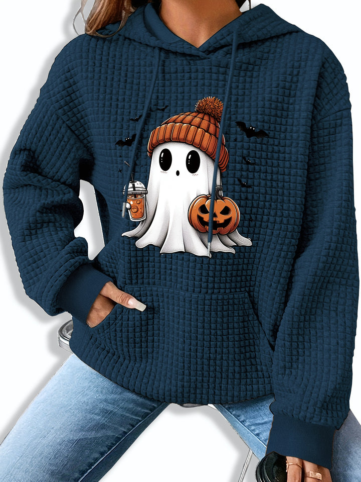 Navy waffle knit hoodie with a ghost, pumpkin and bats print on the chest