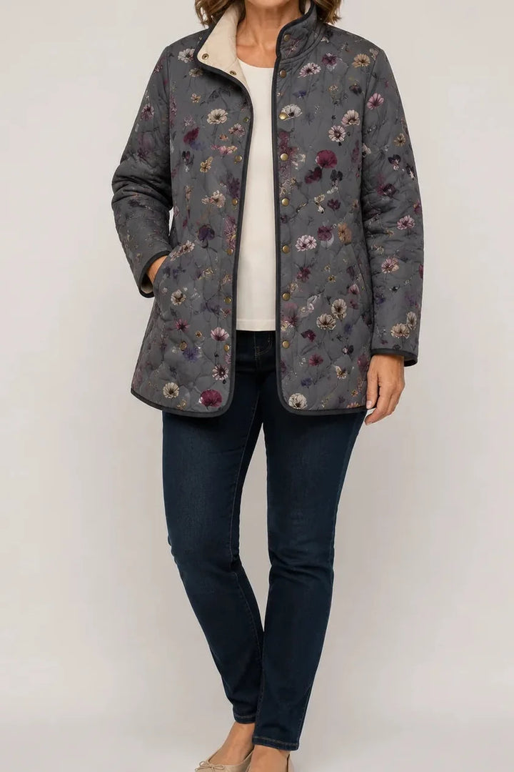 Grey quilted jacket with a scattered floral print and sherpa collar