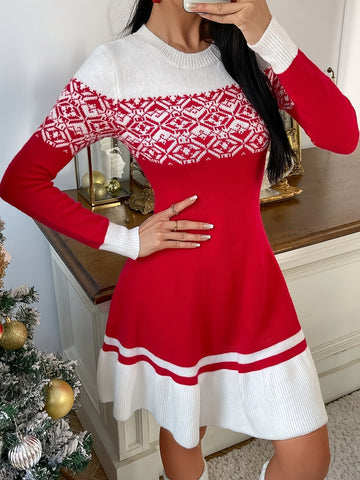 Fair Isle Yoke Flared Knit Dress