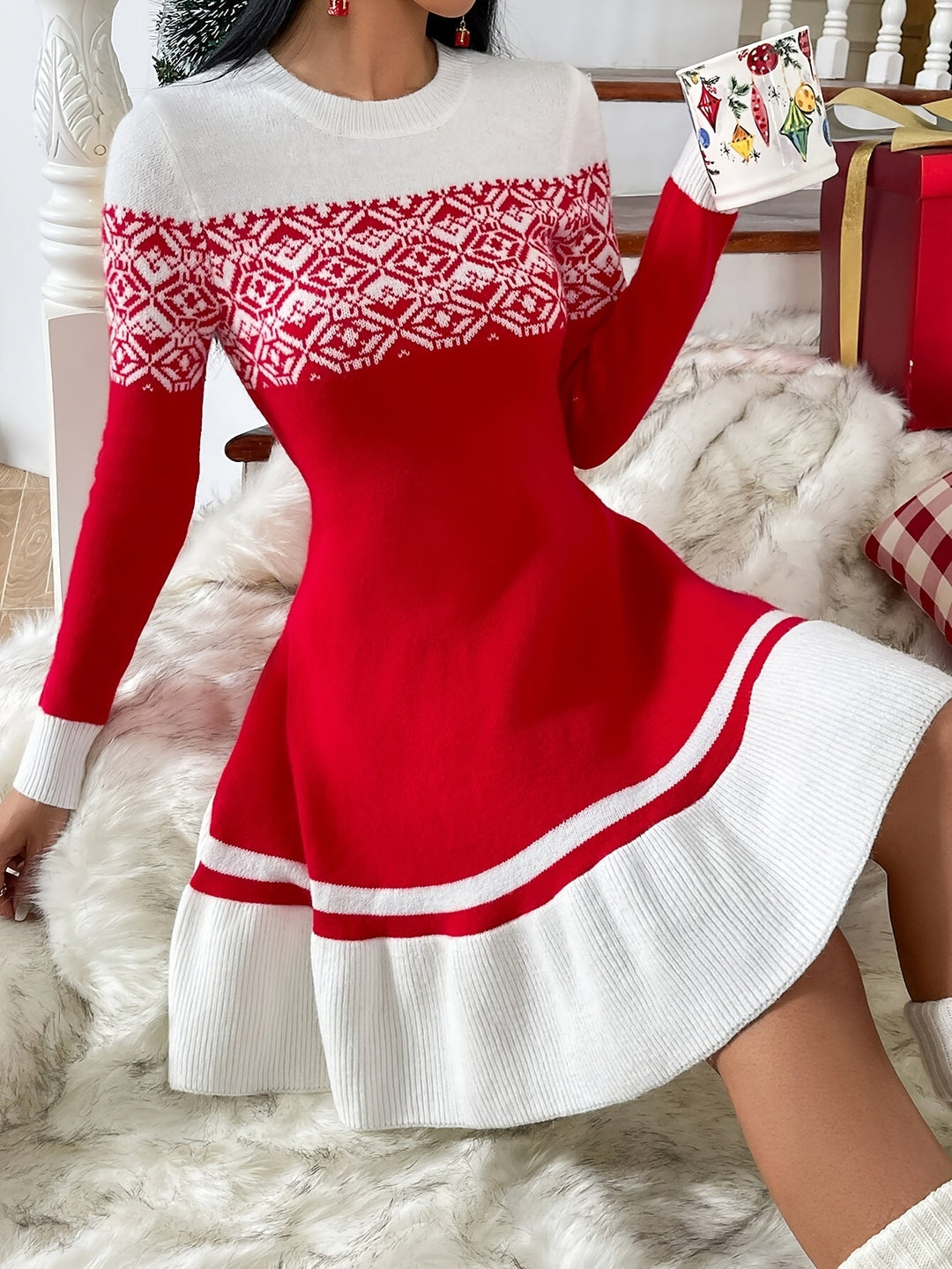 Fair Isle Yoke Flared Knit Dress