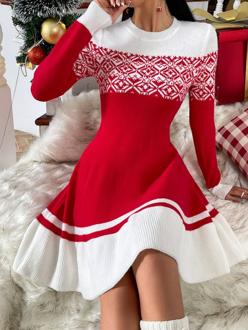 Fair Isle Yoke Flared Knit Dress