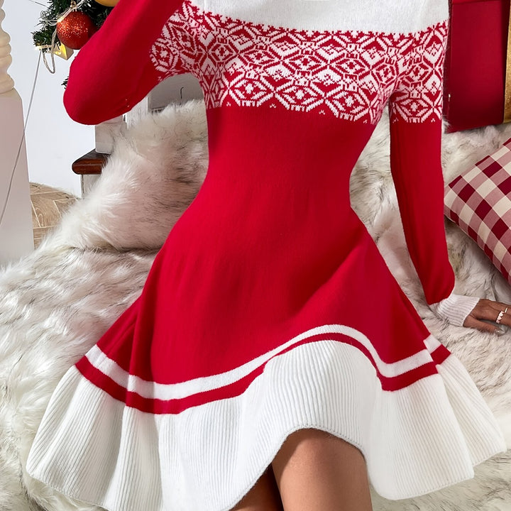 Fair Isle Yoke Flared Knit Dress