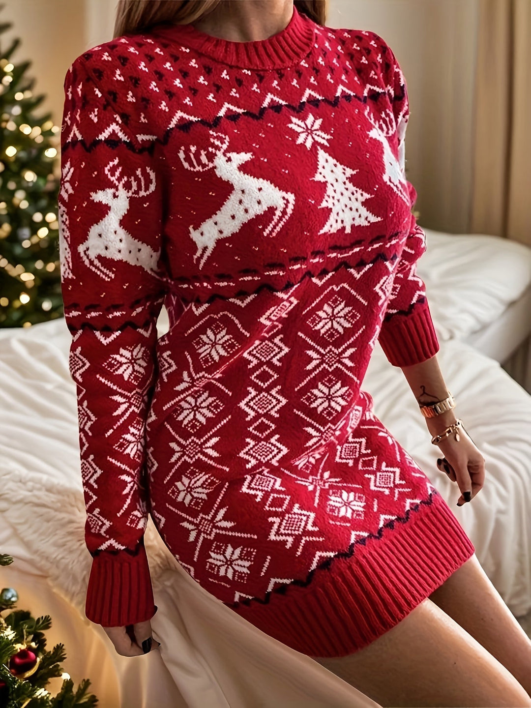 Fair Isle Knit Mini Sweater Dress