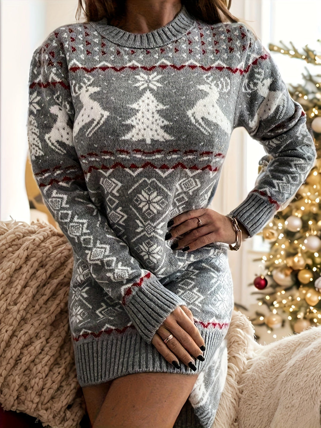 Fair Isle Knit Mini Sweater Dress