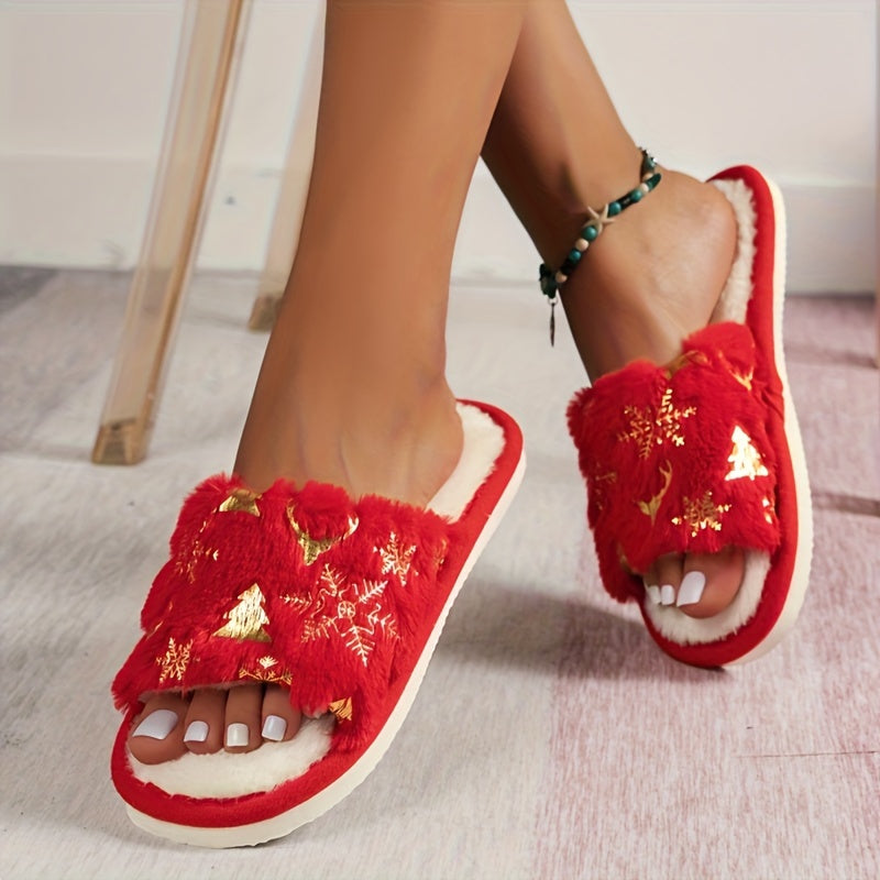 Foil Print Fluffy Slide Slippers
