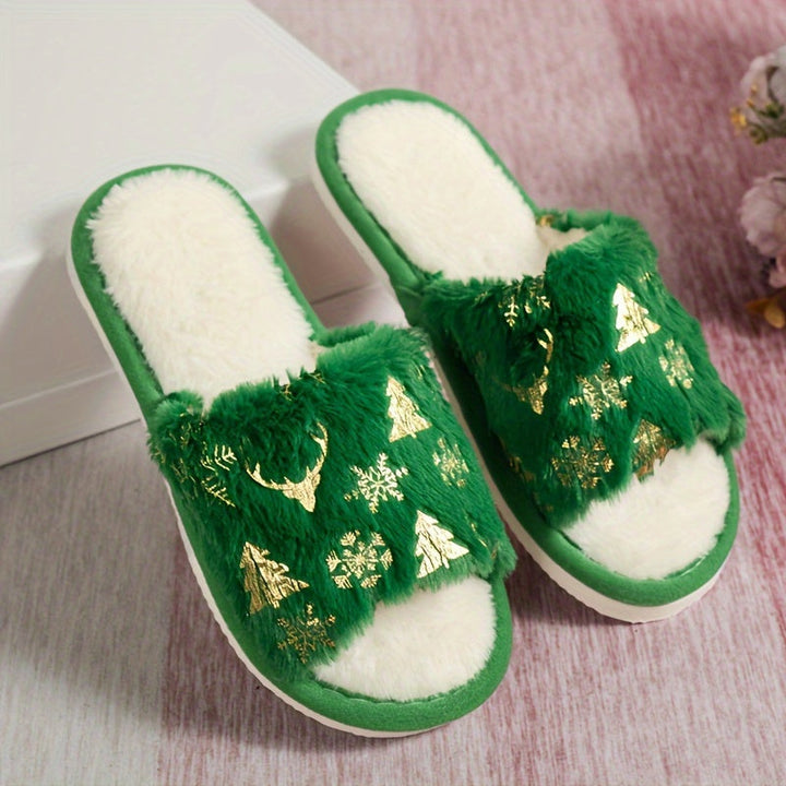 Foil Print Fluffy Slide Slippers