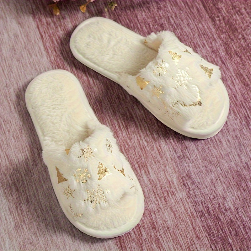 Foil Print Fluffy Slide Slippers