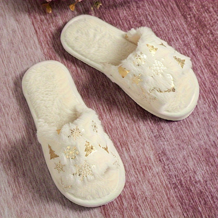 Foil Print Fluffy Slide Slippers