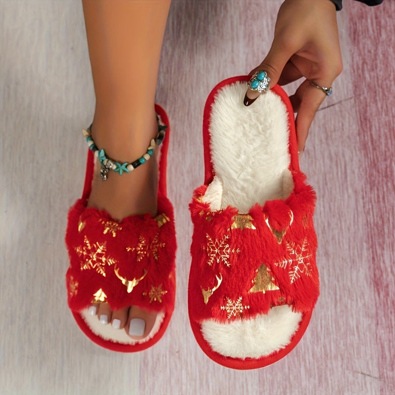 Foil Print Fluffy Slide Slippers