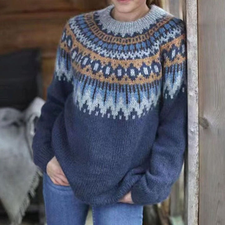 Navy crew neck sweater with blue and tan Fair Isle pattern yoke, front view