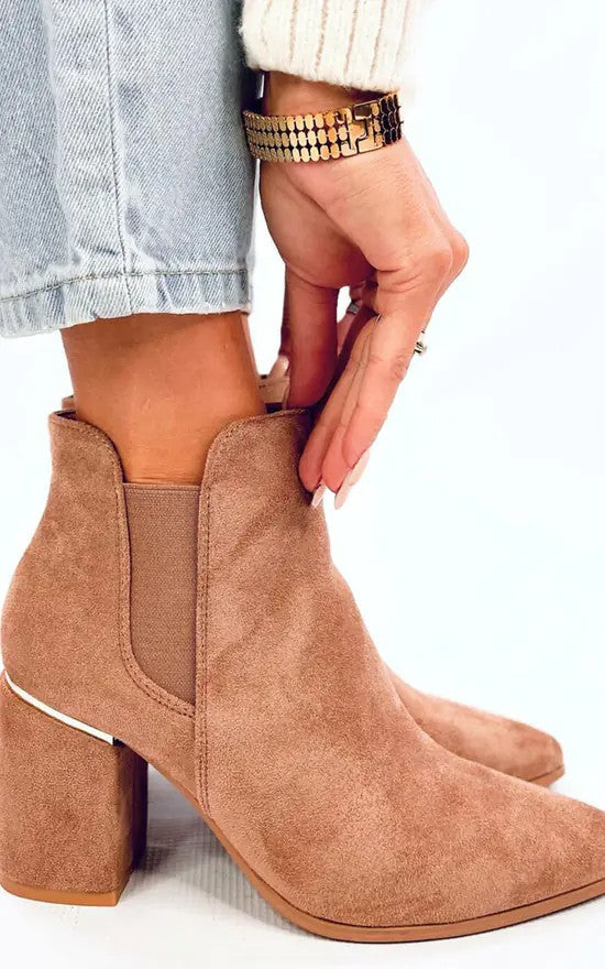 Nude suede ankle boots with elastic gores, front view