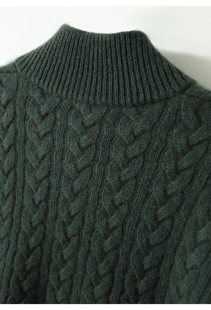 Olive green cable knit sweater with a stand collar, close view of the ribbed collar and cables