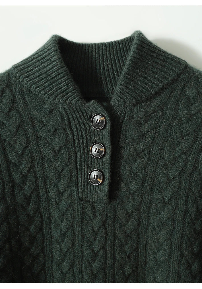 Olive green cable knit sweater with a stand collar, close view of the stand collar and buttons