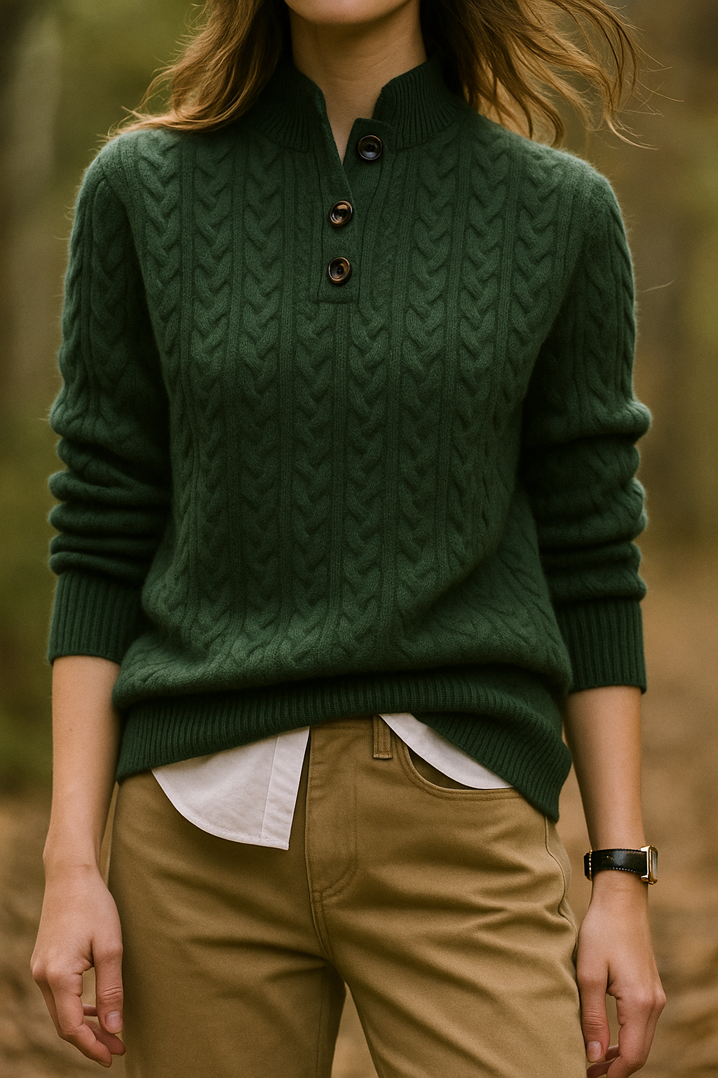 Olive green cable knit sweater with a stand collar, worn over a white shirt, front view