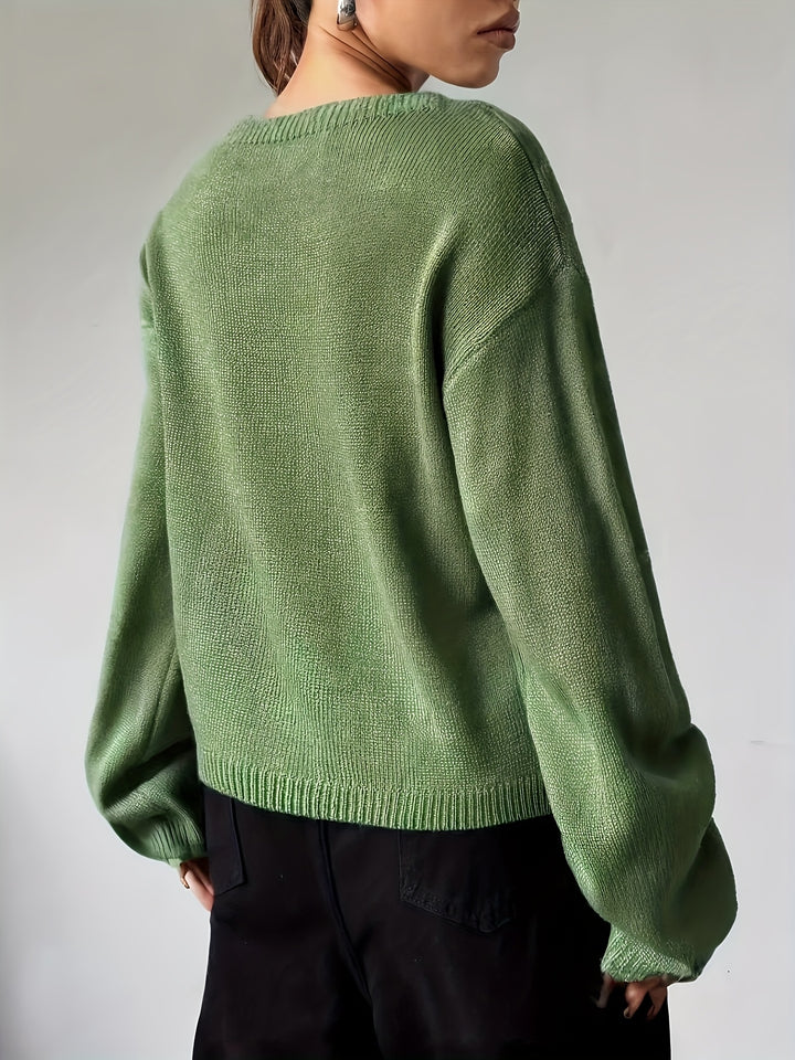 Back view of an olive green drop shoulder crew neck sweater