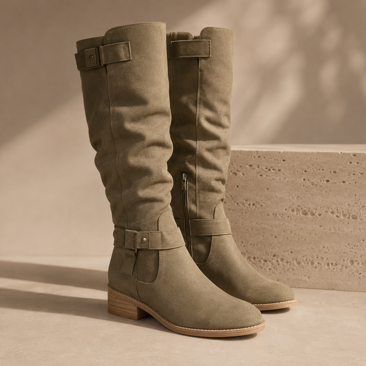 Olive green suede knee high boots with a slouched shaft
