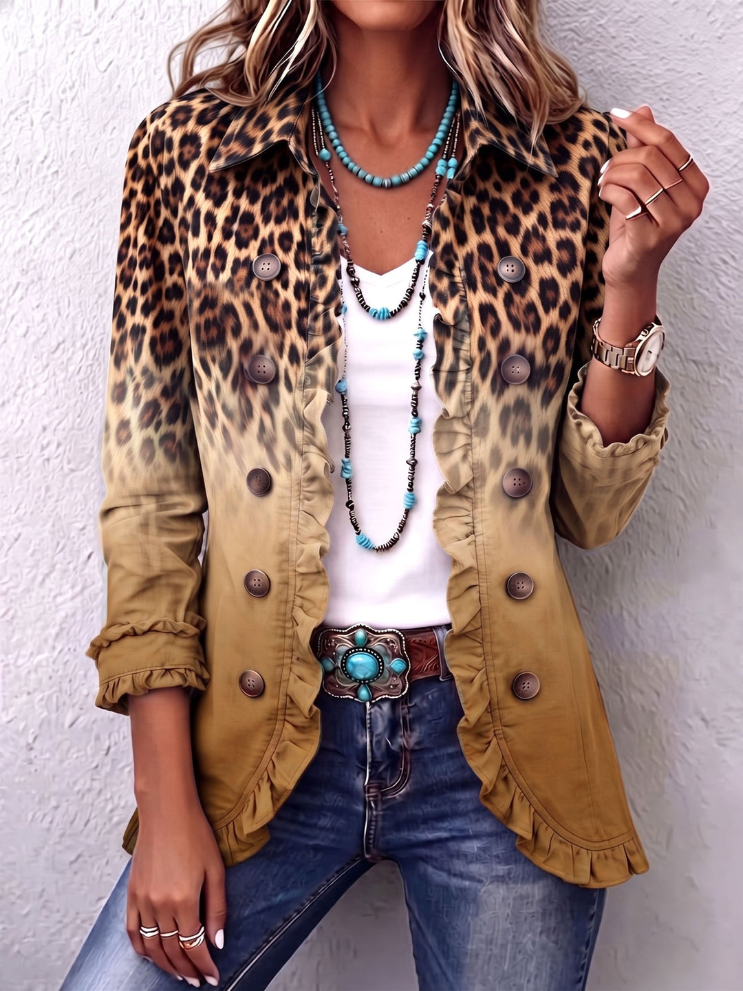 Beige ombre leopard print blazer with ruffle trims, front view