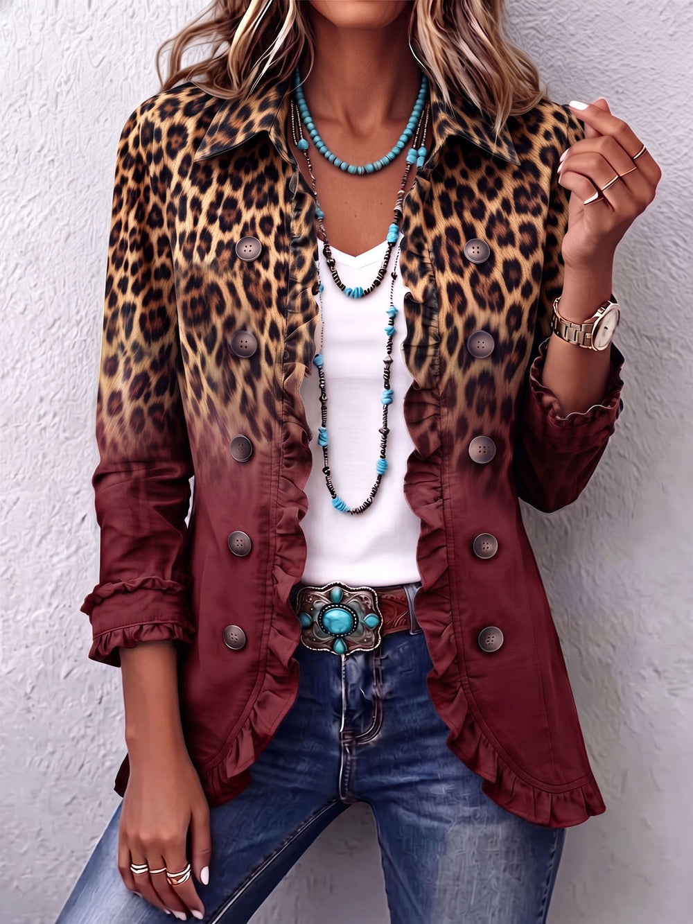Burgundy ombre leopard print blazer with ruffle cuffs, front view