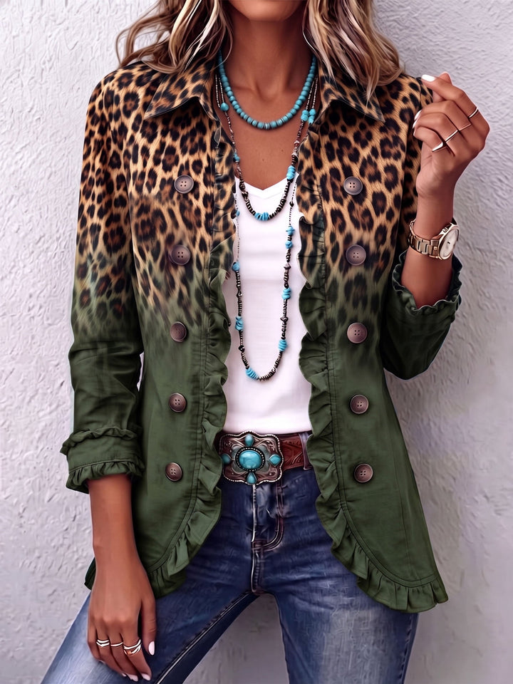 Dark green ombre leopard print blazer with a flared hem, front view