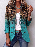 Turquoise ombre leopard print blazer with ruffle trims, front view
