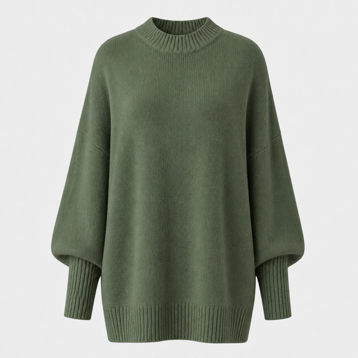 Sage green oversized knit sweater with mock neck and ribbed cuffs, flat front view