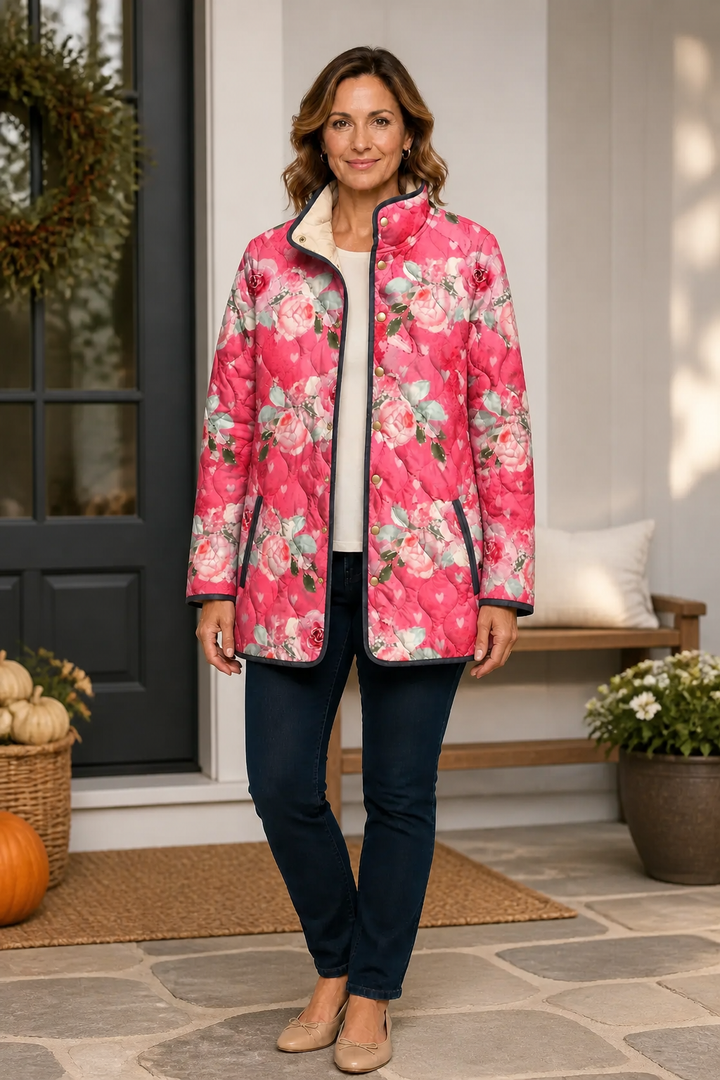 Woman in a pink rose print quilted jacket by a front door