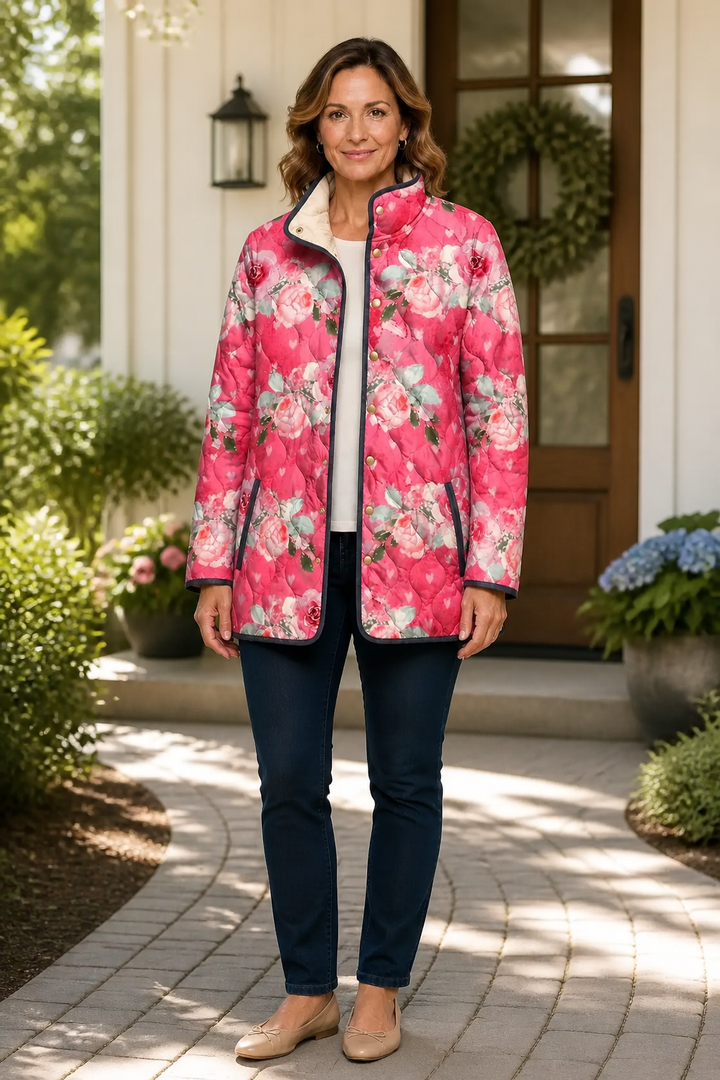 Pink floral quilted stand collar jacket worn with dark jeans outdoors