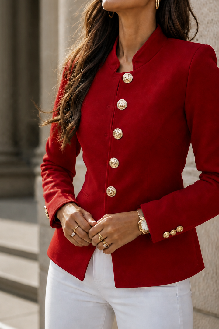 Red stand collar blazer with gold buttons worn with white jeans