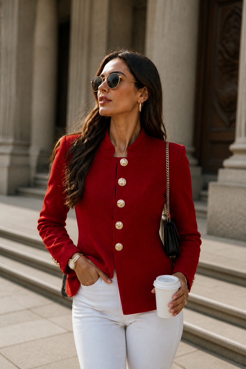 Red gold button blazer with a chain shoulder bag and white jeans