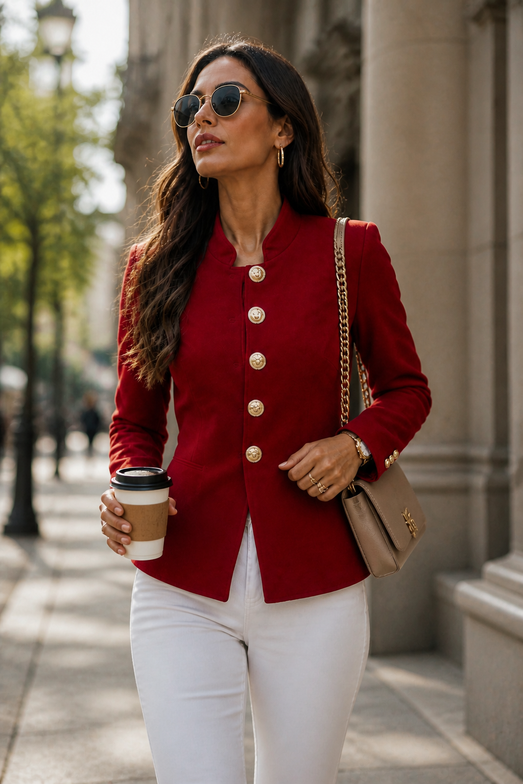Woman on a city street in a red gold button military blazer
