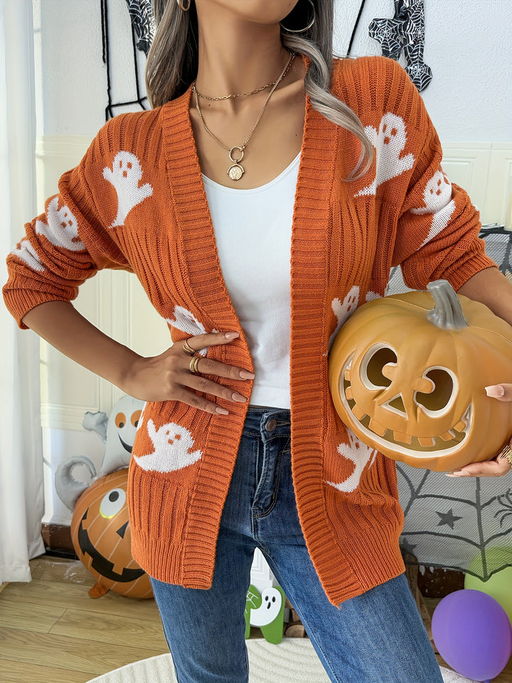 Orange ribbed open front cardigan with white ghost motifs, front view