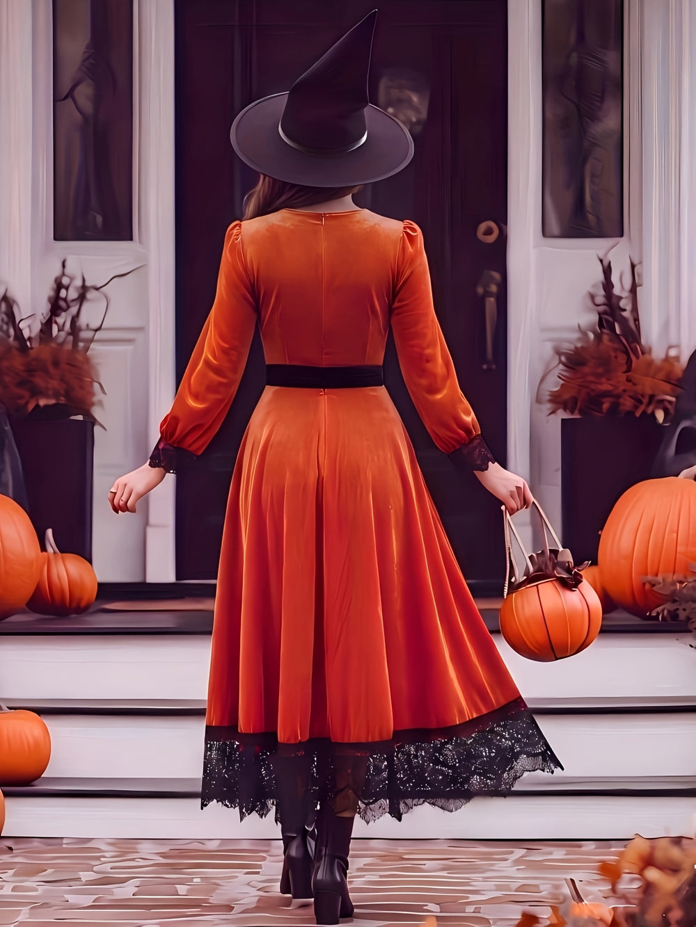 Orange velvet midi dress with black lace hem and cuffs, seen from behind on a porch with pumpkins
