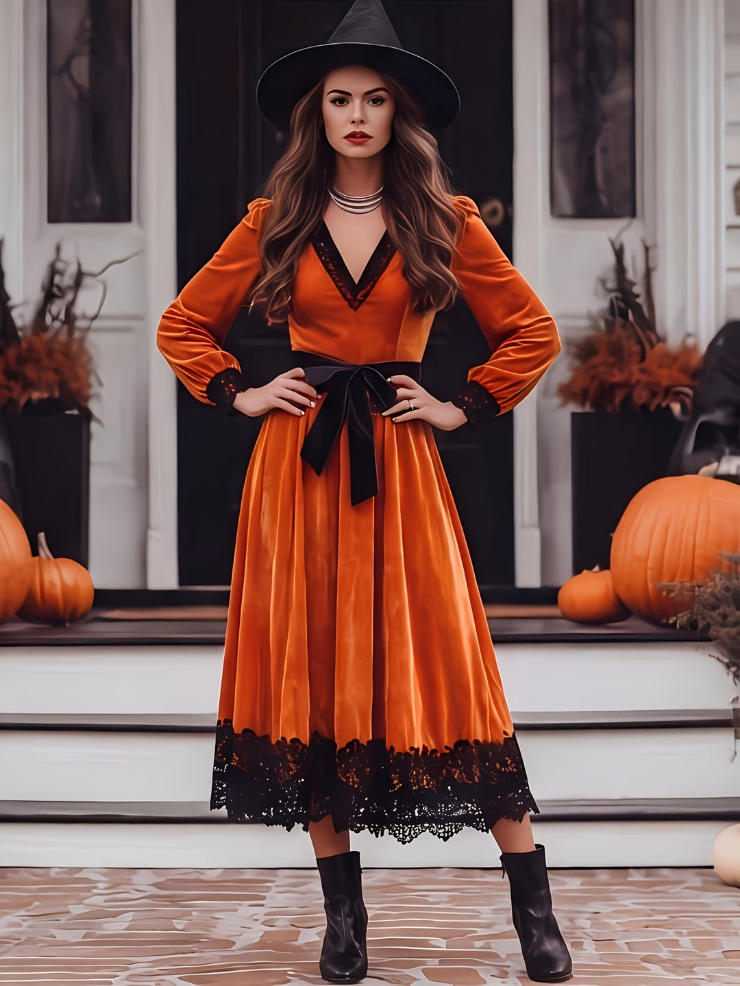 Orange velvet midi dress with black lace hem and waist tie, styled with a wide brim hat