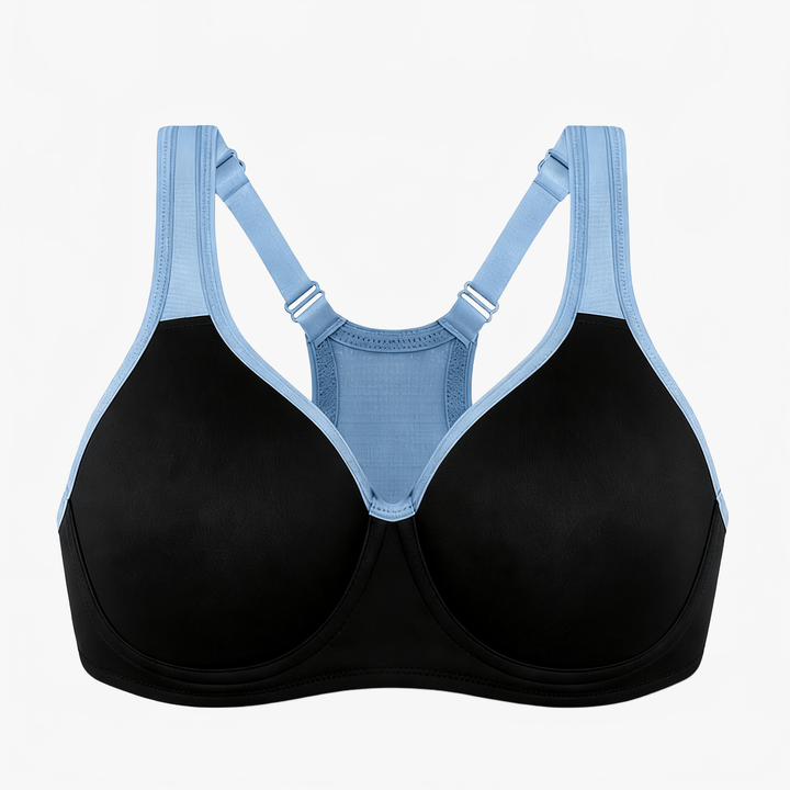 Black full-bust sports bra with pale blue racerback straps