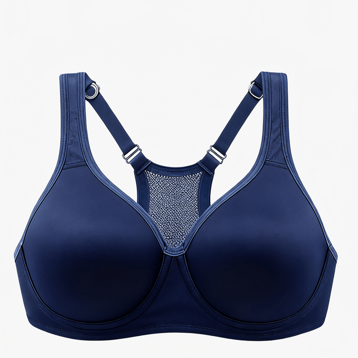 Navy full-bust sports bra with a mesh racerback panel
