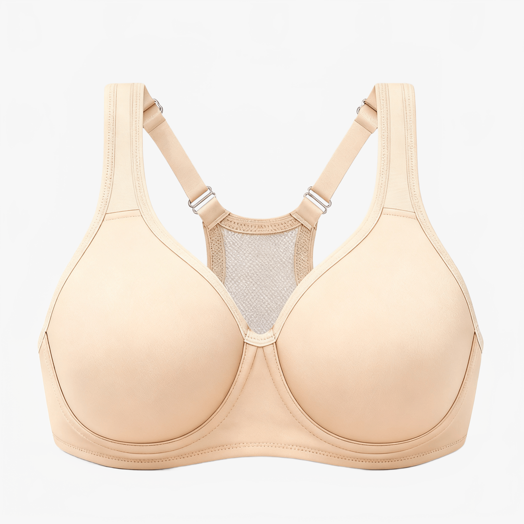 Nude full-bust sports bra with a mesh racerback panel