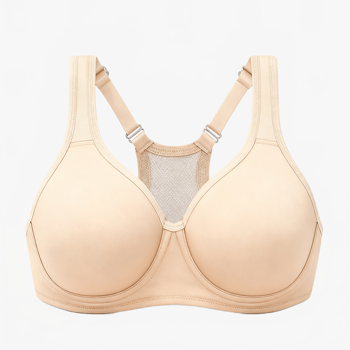 Nude full-bust sports bra with a mesh racerback panel