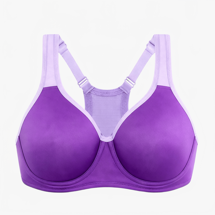 Purple full-bust sports bra with lilac racerback straps
