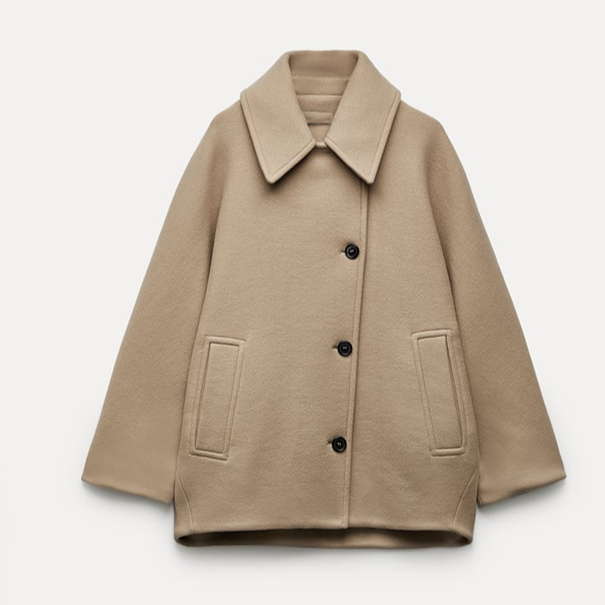Camel oversized cropped peacoat laid flat with a wide point collar