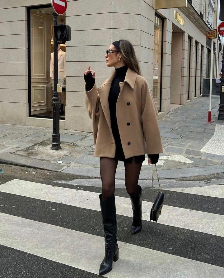 Camel oversized cropped peacoat worn with knee high boots, street view