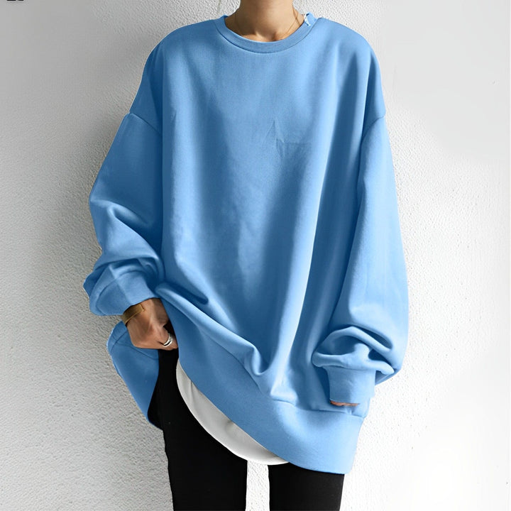 Light blue oversized crew neck sweatshirt with long gathered sleeves, front view