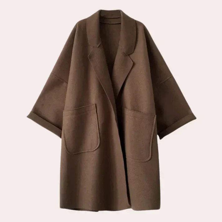 Oversized Wide-Lapel Open Coat in Brown | Valenira